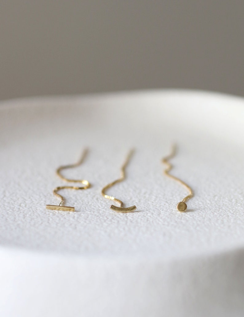 solid gold minimalist threader earrings, mix and match chain earrings image 1