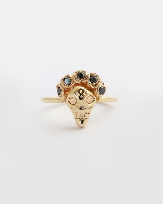 Gold Black Diamond Ring, Sugar Skull 14k gold ring, Frida Kahlo Jewelry, Gothic Engagement Ring, Day Of The Dead Jewelry, Frida ring