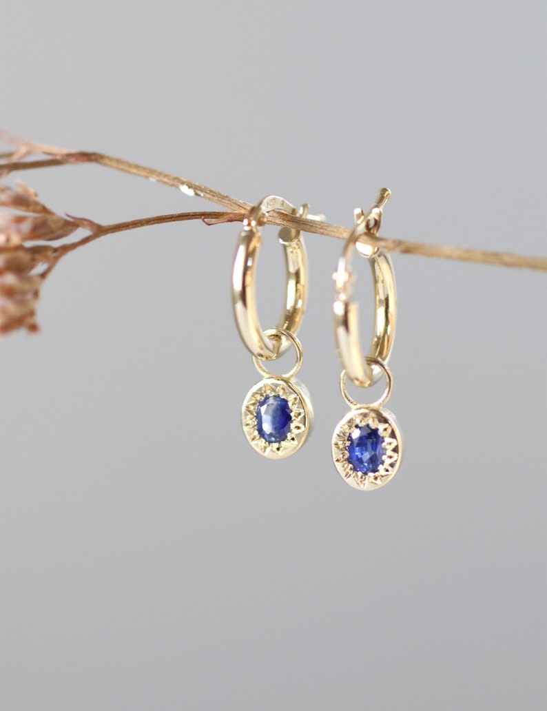 blue sapphire pendant hoop earrings in 14k solid gold image 4