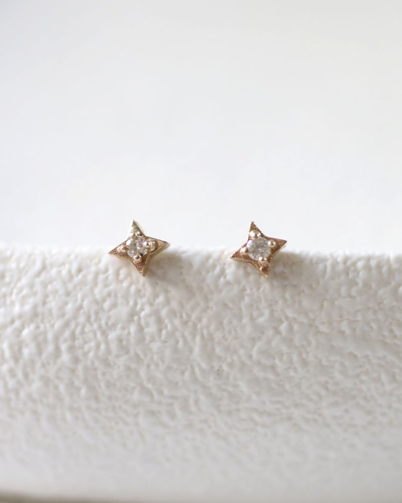 diamond star earrings, compass earrings, solid gold ,star stud earrings image 1