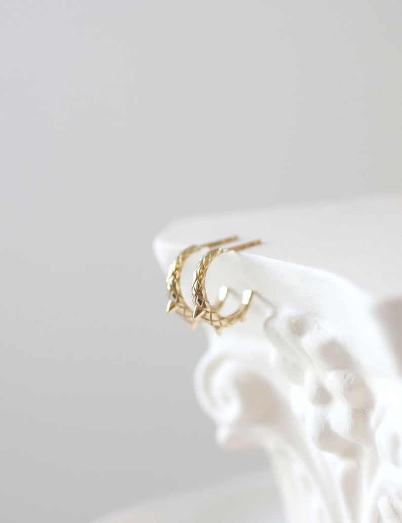 14k Gold Snake Earrings, Small Solid Gold Hoop Earrings, Tiny Dragon Earrings image 2