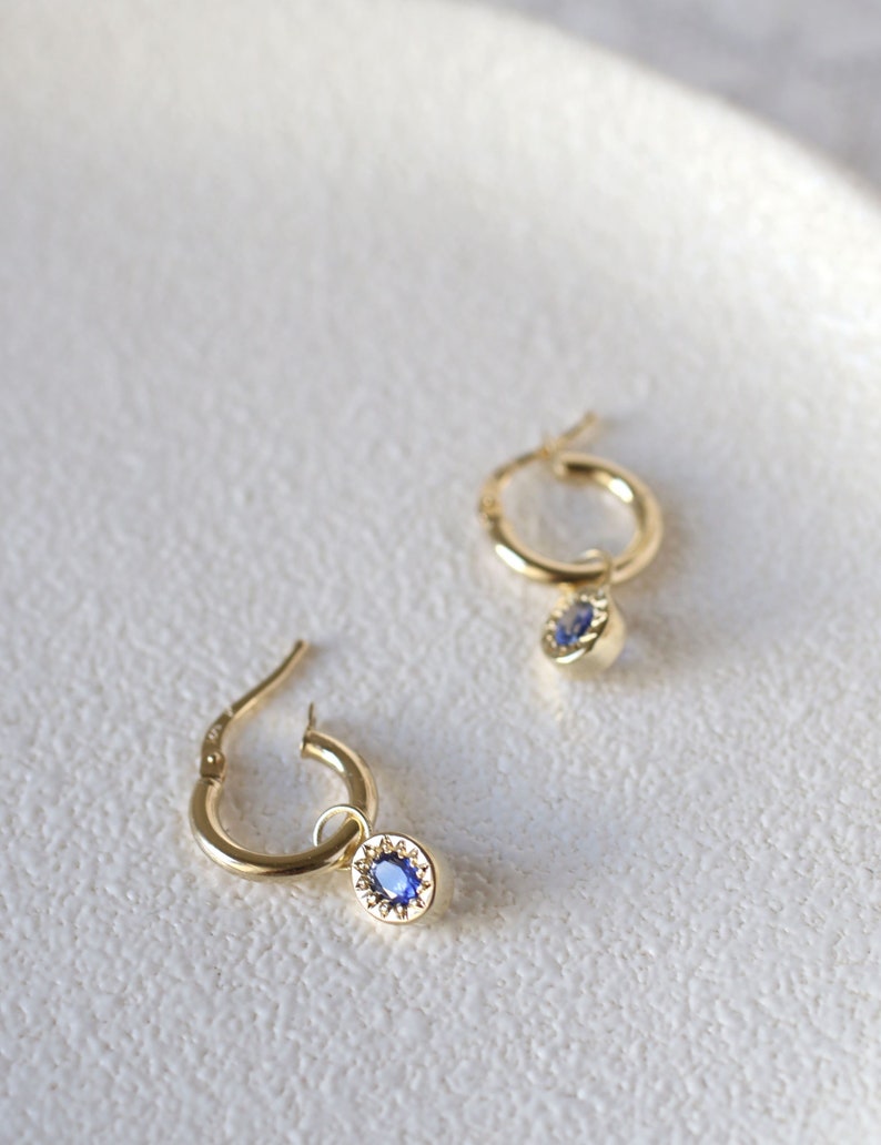 blue sapphire pendant hoop earrings in 14k solid gold image 1