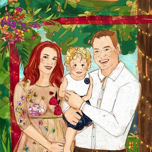 Cadeau personnalisé pour couple familial. Dessin de portrait commandé. Illustration romantique pour une idée de Noël Art numérique femme créative