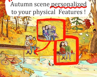 Autumn illustration with personalizable characters that resemble your family or friends. A scenario full of pumpkings and falling leaves