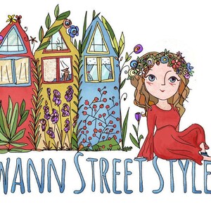 May include: A whimsical illustration of three colorful houses with a woman wearing a flower crown and a red dress sitting in front of them. The text "SWANN STREET STYLE" is written below the houses.