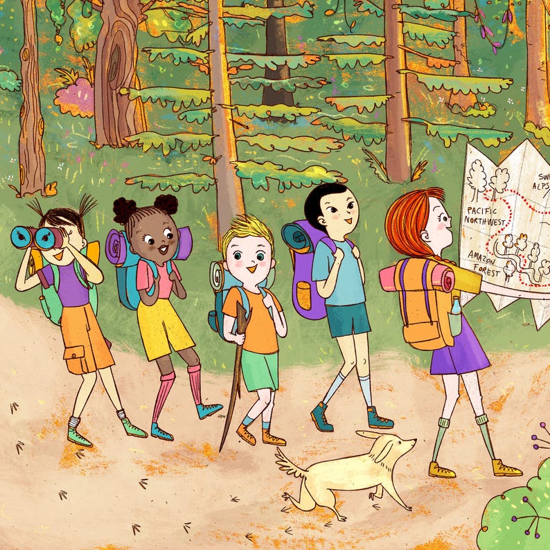 Custom illustration for children's book to publish. Illustrator for hire. Personalized drawing for a picturebook. Spread and single page on commission. Whimsical scene