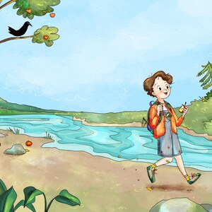 May include: A whimsical illustration of a person walking along a riverbank. The person wears a gray dress, orange jacket, and backpack, holding a fruit. Trees, a black bird, and a mountain are in the background. The scene is set in a bright, sunny environment.
