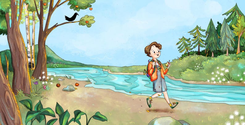May include: A whimsical illustration of a person walking along a riverbank. The person wears a gray dress, orange jacket, and backpack, holding a fruit. Trees, a black bird, and a mountain are in the background. The scene is set in a bright, sunny environment.
