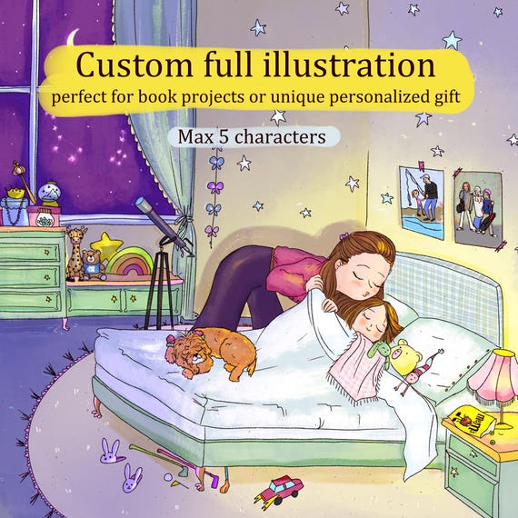 Illustrazione personalizzata libro per bambini. Disegno su commissione copertina storia da pubblicare. Illustratrice a noleggio per racconto