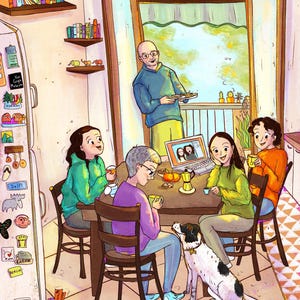 May include: Illustration of a family gathered around a table, enjoying coffee and a video call. A dog sits nearby. The scene is set in a kitchen with a refrigerator covered in magnets and a balcony visible through an open door.
