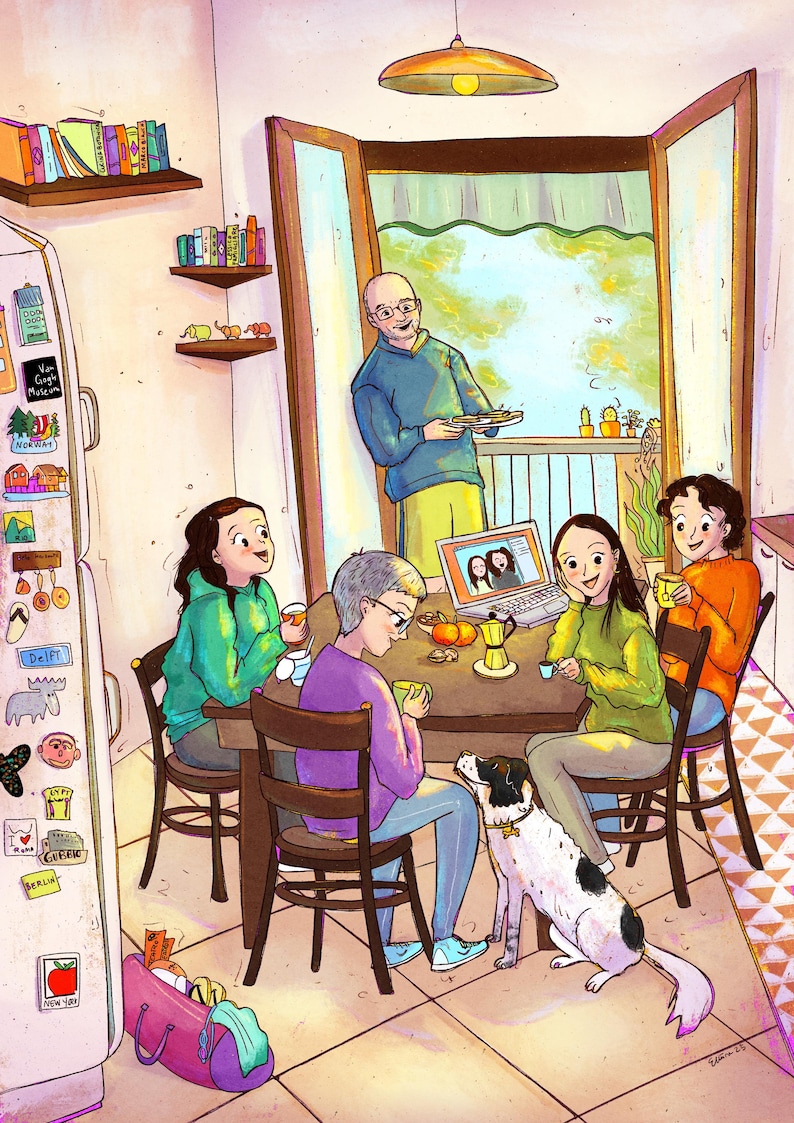 May include: Illustration of a family gathered around a table, enjoying coffee and a video call. A dog sits nearby. The scene is set in a kitchen with a refrigerator covered in magnets and a balcony visible through an open door.