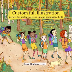 Bespoke illustration with whimsical handdrawn style for personalized picture book. Digital art commission.