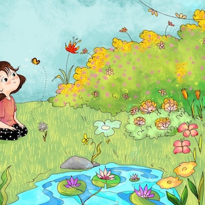 May include: An illustrated scene of a girl in a pink shirt and black polka dot pants sitting in a lush green garden. A butterfly flits nearby. The garden features a pond with lily pads, colorful flowers, and sunflowers.