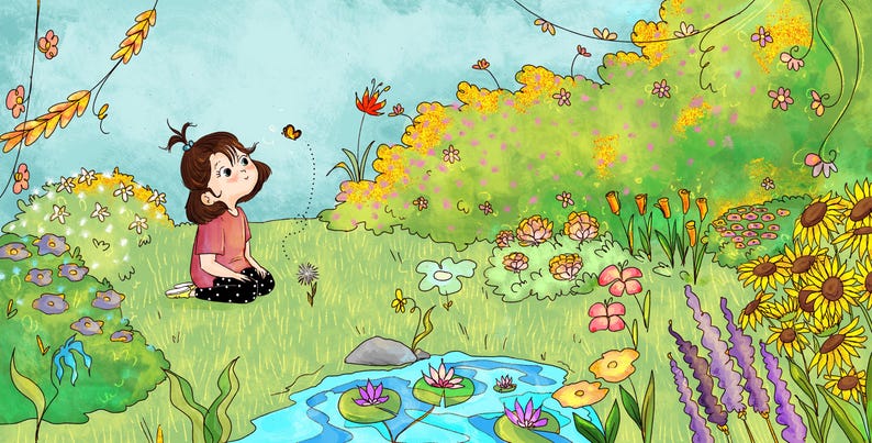 May include: An illustrated scene of a girl in a pink shirt and black polka dot pants sitting in a lush green garden. A butterfly flits nearby. The garden features a pond with lily pads, colorful flowers, and sunflowers.
