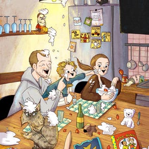 May include: An illustrated kitchen scene depicts a family having fun. A man, woman, and child are covered in white foam. A cat, toy bear, and other toys are on the wooden table. A book titled "Nora e Nanni" is visible.