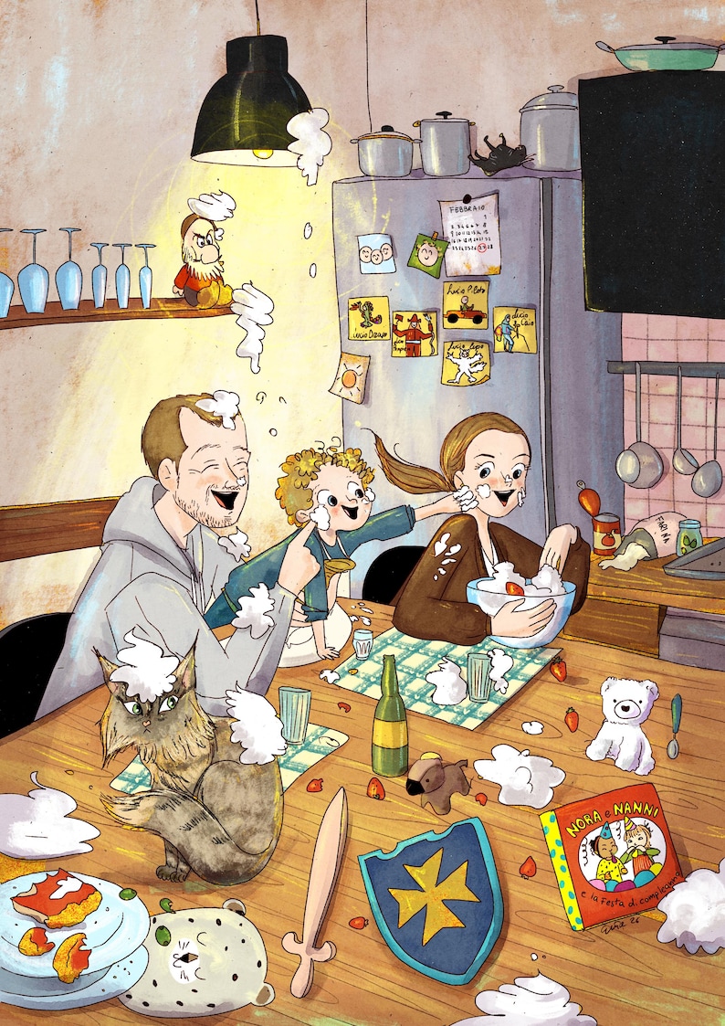 May include: An illustrated kitchen scene depicts a family having fun. A man, woman, and child are covered in white foam. A cat, toy bear, and other toys are on the wooden table. A book titled "Nora e Nanni" is visible.
