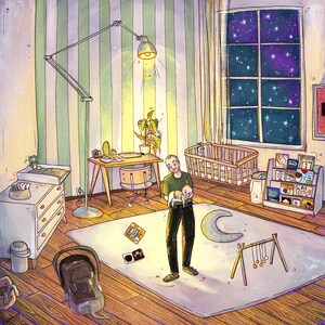 May include: An illustrated interior scene of a nursery with a crib, changing table, and bookshelf. A person holds a baby in the center of the room. A large window shows a starry night sky. A desk and floor lamp are also visible.