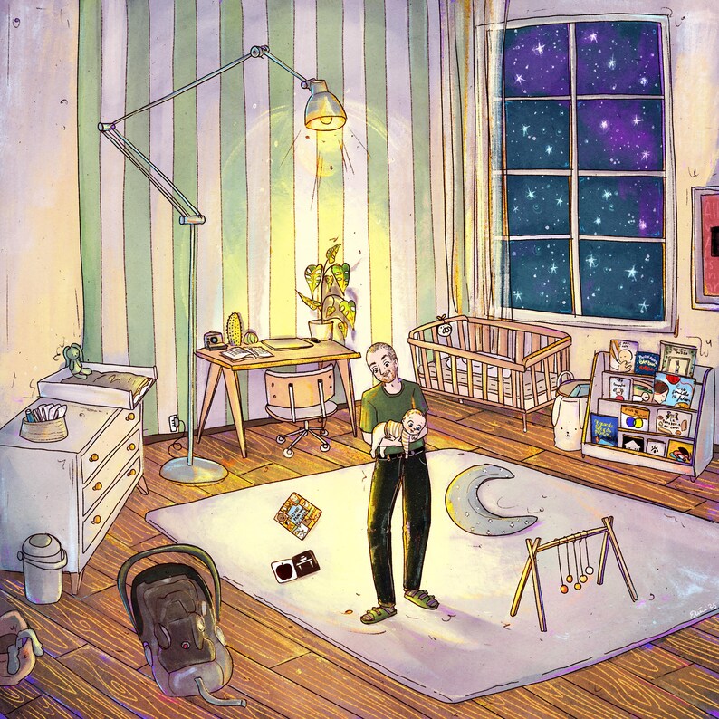 May include: An illustrated interior scene of a nursery with a crib, changing table, and bookshelf. A person holds a baby in the center of the room. A large window shows a starry night sky. A desk and floor lamp are also visible.