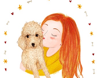 Custom order portrait illustration with dog pet and human owner, personalized college student gift for son daughter whimsical family drawing