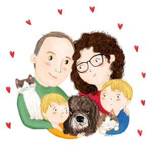Portret van moeder met gezin, vader en kinderen, origineel gepersonaliseerd cadeau voor Kerstmis, digitale kunstillustratie, groep vrienden, hond, kat