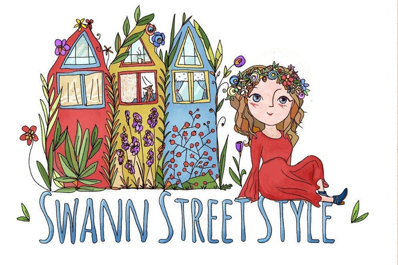 May include: A whimsical illustration of three colorful houses with a woman wearing a flower crown and a red dress sitting in front of them. The text "SWANN STREET STYLE" is written below the houses.