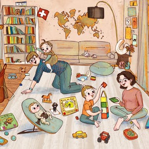 May include: An illustrated family scene depicts a father playing with a child on his back, while another child builds with blocks. A mother sits nearby. Toys and books are scattered on the floor, with a Swiss flag and world map on the wall.