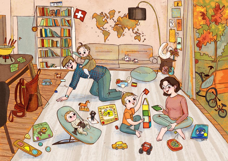 May include: An illustrated family scene depicts a father playing with a child on his back, while another child builds with blocks. A mother sits nearby. Toys and books are scattered on the floor, with a Swiss flag and world map on the wall.