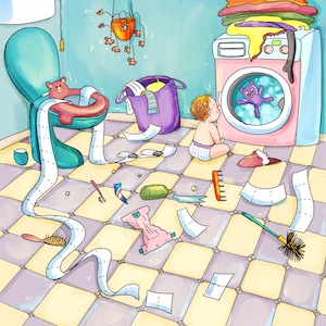 May include: A whimsical illustration of a messy bathroom scene. A baby sits on the floor, looking at a washing machine with a purple teddy bear inside. Toilet paper is strewn across the checkered floor, along with other items.