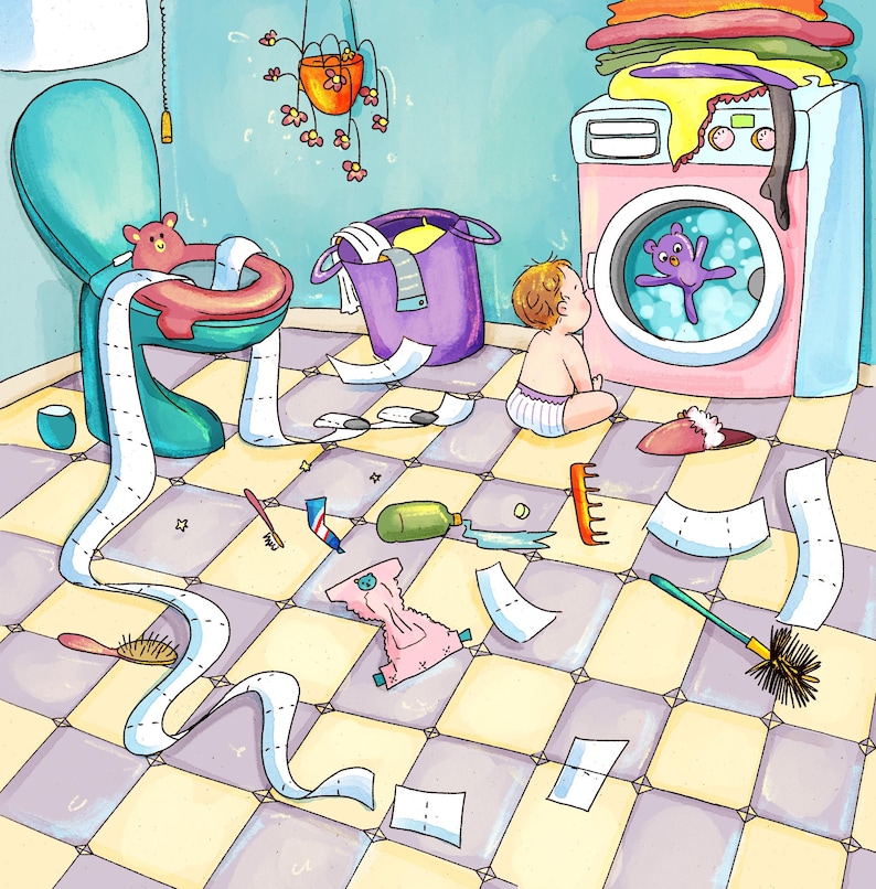 May include: A whimsical illustration of a messy bathroom scene. A baby sits on the floor, looking at a washing machine with a purple teddy bear inside. Toilet paper is strewn across the checkered floor, along with other items.