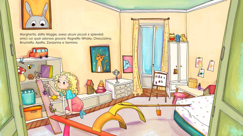May include: A colorful illustration of a child's bedroom with a girl playing with toys. The room features a window, artwork, and a seesaw. Text in Italian is visible in the upper left corner.
