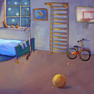 Op de afbeelding: Ge&iuml;llustreerde slaapkamer met een kind dat in een blauw bed slaapt. Een basketbal, fiets en scooter staan in de kamer. Een basketbalring en een houten ladder staan aan de muur. Een vissenkom staat op de voorgrond.