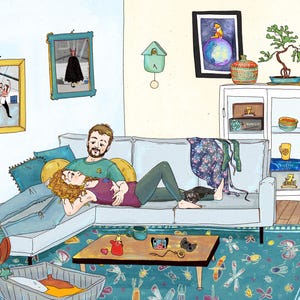 Custom couple illustration with details of their home, board games video games and food they love to have. Personalized couple quirky gift for anniversary or wedding