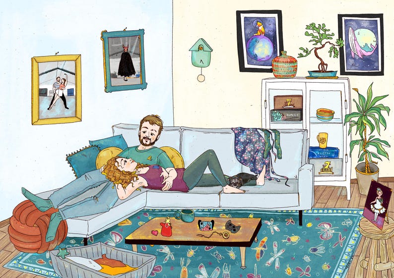 Custom couple illustration with details of their home, board games video games and food they love to have. Personalized couple quirky gift for anniversary or wedding