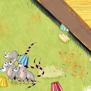 May include: An illustration depicts a gray dog with a surprised expression facing a group of small gray mice. The mice are clustered together on a green surface, some wearing blue and white striped skirts. The scene is set near a wooden structure.