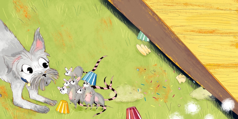 May include: An illustration depicts a gray dog with a surprised expression facing a group of small gray mice. The mice are clustered together on a green surface, some wearing blue and white striped skirts. The scene is set near a wooden structure.