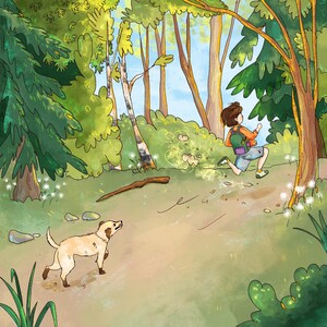 May include: An illustration of a child running through a forest, wearing an orange shirt and shorts, with a green backpack. A light brown dog is looking up at the child. The scene is set in a lush green forest with tall trees and a blue sky.