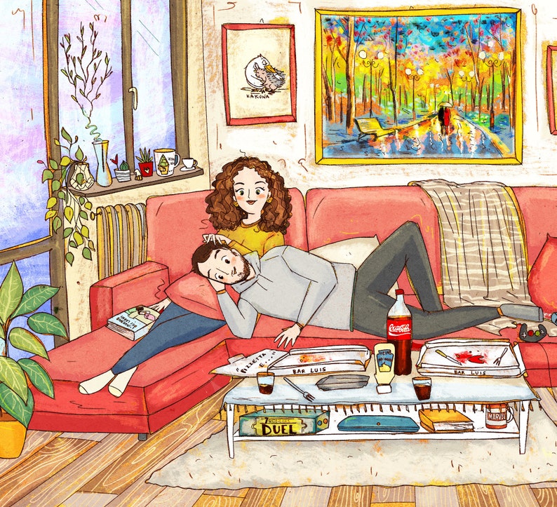 Custom couple illustration with details of their home, board games video games and food they love to have. Personalized couple quirky gift for anniversary or wedding
