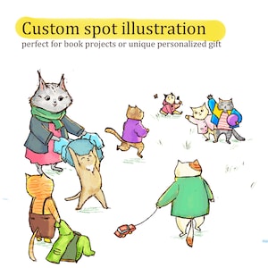Children&#39;s book illustration Custom drawing with animals, kids and soft background. Personalized drawing, Hire illustrator, Story to publish