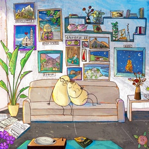 May include: Two cartoon potatoes are cuddling on a beige couch in a living room. The room has a blue and white color scheme and is decorated with framed artwork and plants. The artwork features scenes of Italian towns and landscapes. The couch is in front of a window with a view of a night sky with stars and a moon.