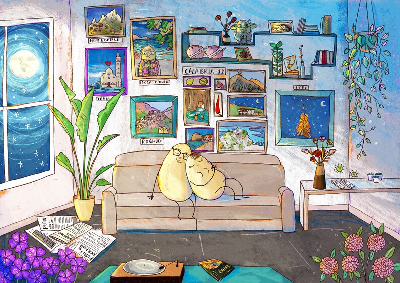 May include: Two cartoon potatoes are cuddling on a beige couch in a living room. The room has a blue and white color scheme and is decorated with framed artwork and plants. The artwork features scenes of Italian towns and landscapes. The couch is in front of a window with a view of a night sky with stars and a moon.