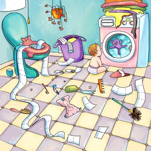 May include: A whimsical illustration of a messy bathroom scene. A baby sits on the floor, looking at a washing machine with a purple teddy bear inside. Toilet paper is strewn across the checkered floor, along with other items.