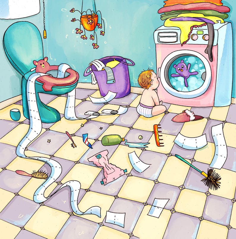 May include: A whimsical illustration of a messy bathroom scene. A baby sits on the floor, looking at a washing machine with a purple teddy bear inside. Toilet paper is strewn across the checkered floor, along with other items.