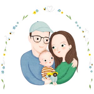 Retrato de madre con padre de familia e hijos, regalo personalizado original para Navidad, ilustración de arte digital grupo de amigos perro gato