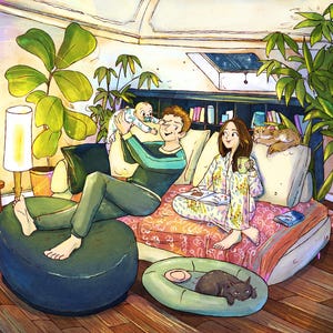 May include: Illustration of a family relaxing at home. A man holds a baby, while a woman sits on a couch with a cup of coffee. A cat rests on the couch, and another cat sleeps in a bed on the floor. The room is decorated with plants.