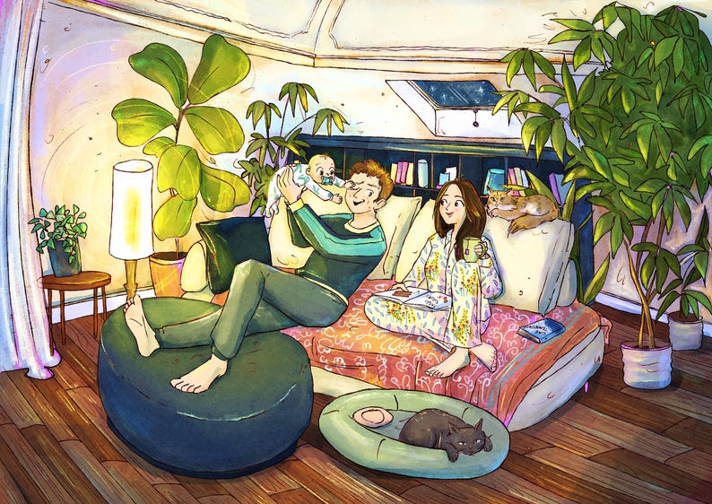 May include: Illustration of a family relaxing at home. A man holds a baby, while a woman sits on a couch with a cup of coffee. A cat rests on the couch, and another cat sleeps in a bed on the floor. The room is decorated with plants.