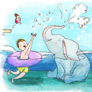 Op de afbeelding: Een grillige illustratie toont een jongen in een paarse opblaasbare ring, glimlachend en reikend naar een lichtblauwe olifant die water sproeit. Een kind in een roze badpak springt van een duikplank in het water. De sc&egrave;ne speelt zich af in een zwembad.
