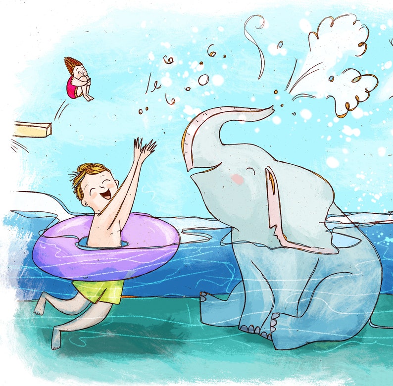 Op de afbeelding: Een grillige illustratie toont een jongen in een paarse opblaasbare ring, glimlachend en reikend naar een lichtblauwe olifant die water sproeit. Een kind in een roze badpak springt van een duikplank in het water. De sc&egrave;ne speelt zich af in een zwembad.