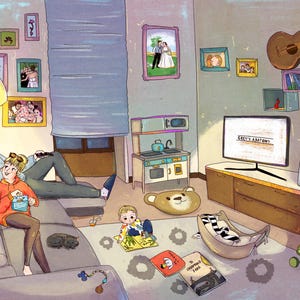 May include: Illustration of a cozy living room scene with a family. A couple sits on a gray sofa, while a child plays on the floor. A TV displays "Grey's Anatomy". The room is decorated with framed photos, a guitar, and a toy kitchen.