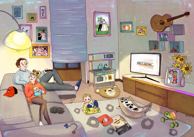 May include: Illustration of a cozy living room scene with a family. A couple sits on a gray sofa, while a child plays on the floor. A TV displays "Grey's Anatomy". The room is decorated with framed photos, a guitar, and a toy kitchen.