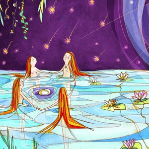 May include: Three women with long red hair are swimming in a lake at night. The water is blue and there are lily pads on the surface. The sky is purple and there are stars in the sky.